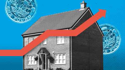 Montage of images of a house, with pound coins floating in the background and a graph line charting the rise in interest rates across the front