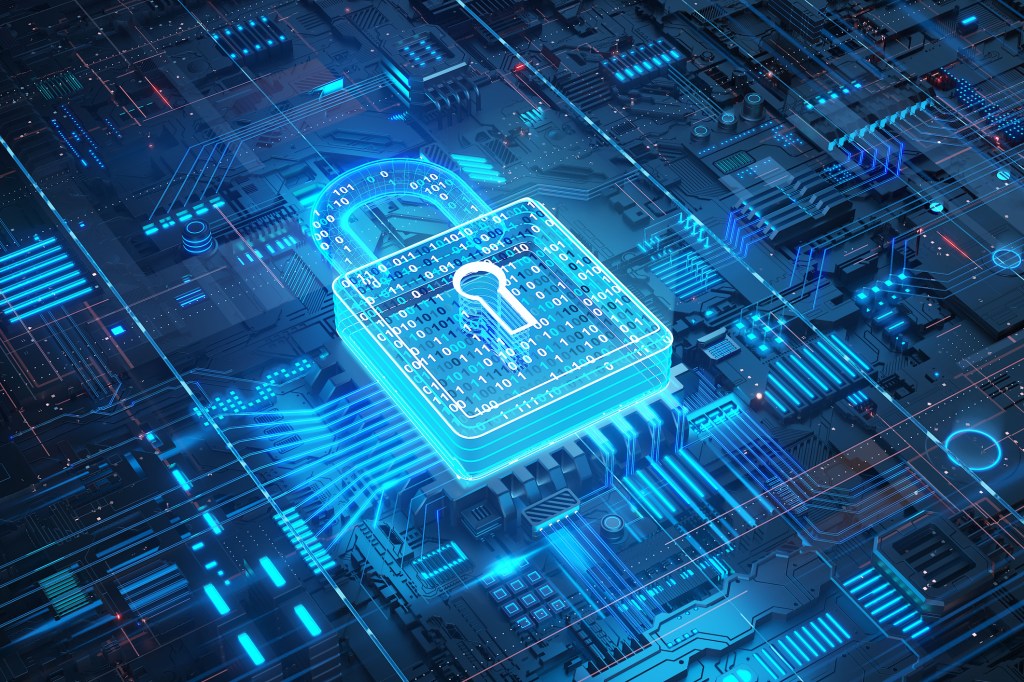 Lock over computer circuit board meant to illustrate security in a digital context.