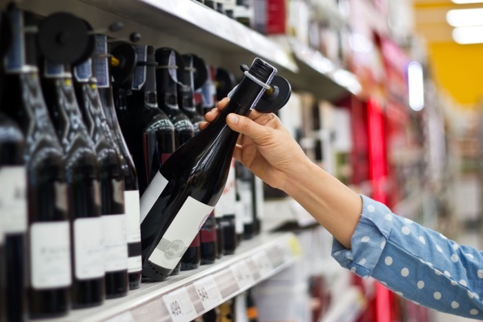 Bottles of wine on a store shelf