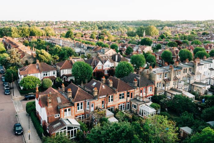 A sunset aerial view of streets in London