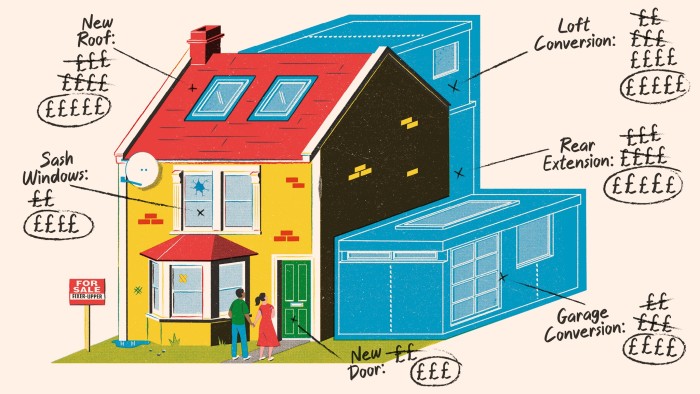 An illustration of home for sale with cracks and broken windows. Lines point to superimposed blueprints with scrawled pound signs crossed out and replaced with more pound signs
