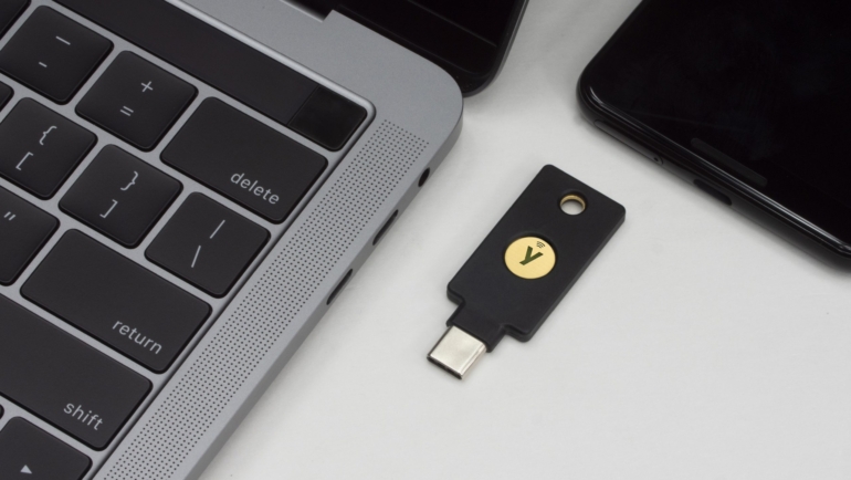 YubiKey 5 Series multi-protocol hardware authentication device.