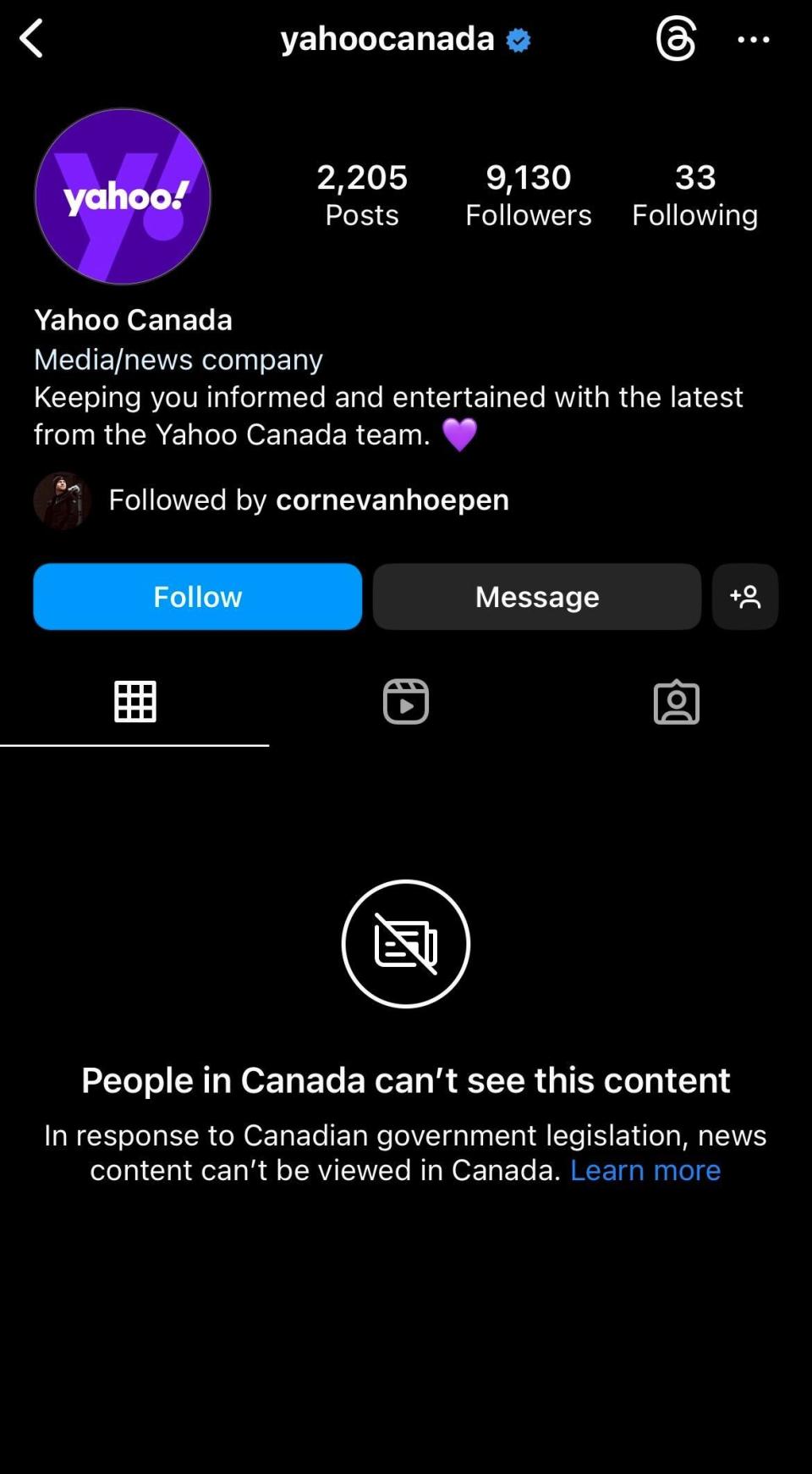 Screenshot of Yahoo Canada Instagram after Meta news ban