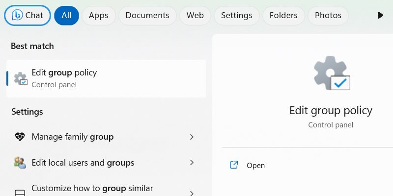 Launching Group Policy Editor from search. 