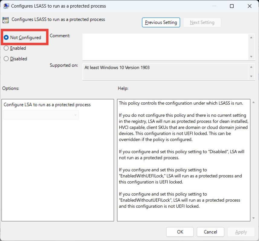 Configuring LSASS in Group Policy Editor. 