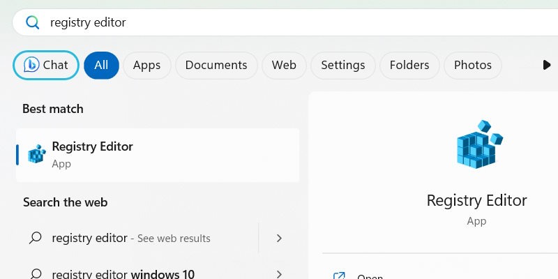 Launching Registry Editor from Windows Search.