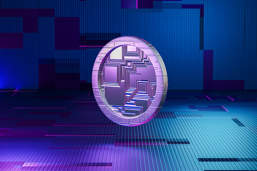 Computer graphic of standing coin, abstract futuristic background