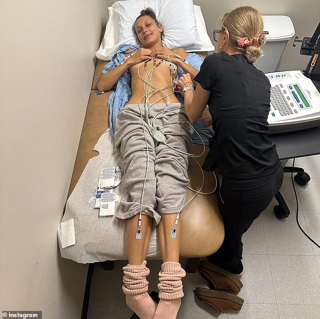 It's unclear exactly what Hadid's treatment entails, though it could involve managing symptoms, like pain, or treating other conditions. In this image, she appears to be getting an electrocardiogram, a test used to measure heart rhythm