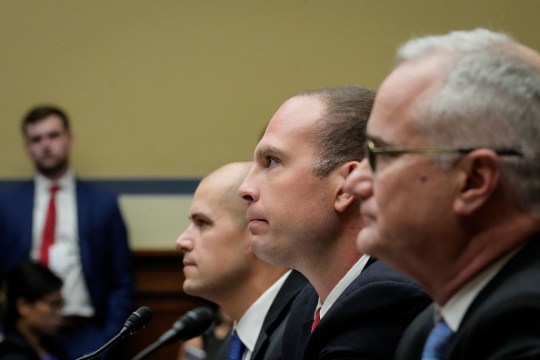 From left, Ryan Graves, David Charles Grusch and David Fravor testify during the House Oversight Committee into UAPs