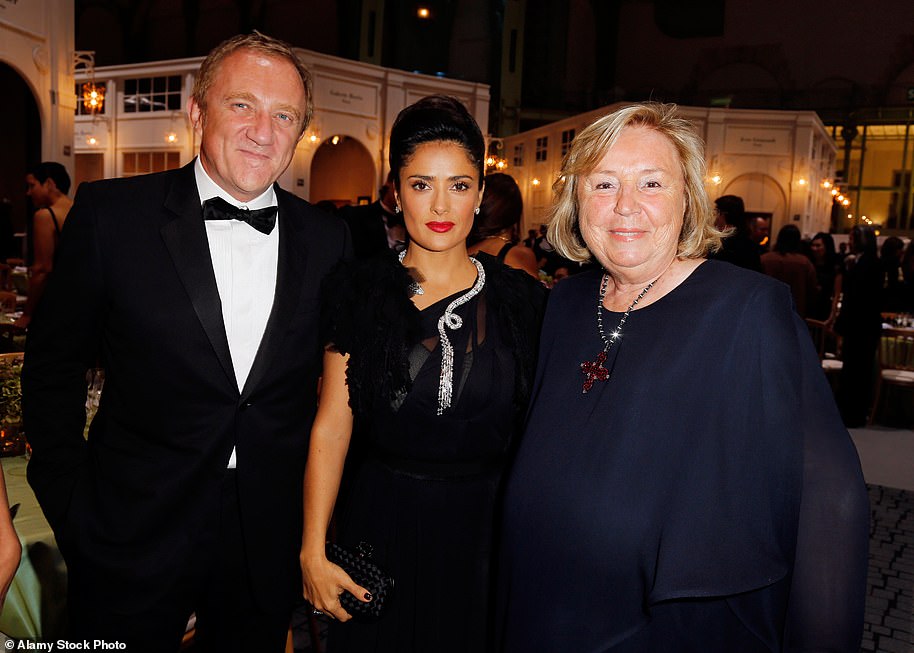Francois-Henri Pinault and actor wife Salma Hayek pictured with Maryvonne Pinault at the 26th Biennale des Antiquaires held at Grand Palais, Paris