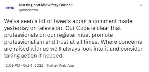 Ms Hughes was initially referred to the regulator, the Nursing and Midwifery Council (NMC), following concerns over her fitness to practise after making the remark. But no allegations have yet to actually be 'substantively proved' by an NMC committee, the regulator said