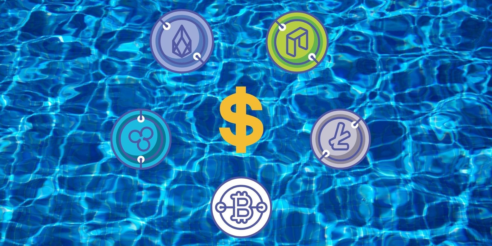 crypto coin logos in a pool 