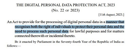 Screenshot of India DPDP Act 2023 highlighting the intent and motive behind it.