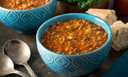 A bowl of delicious hearty homemade curried lentil soup.