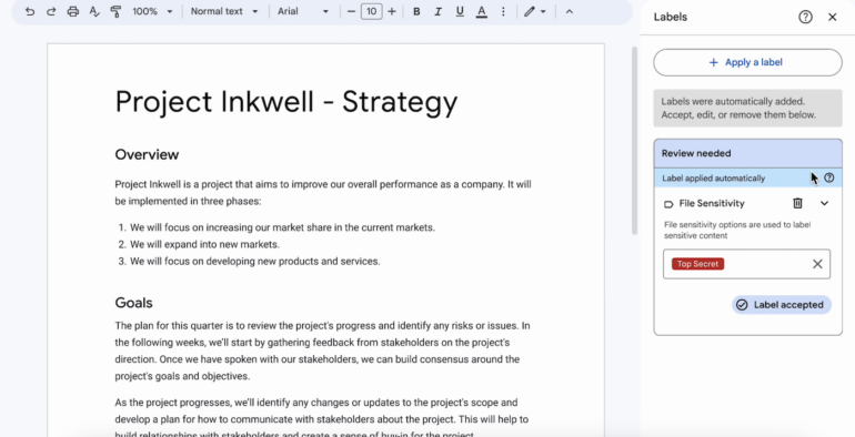 Google AI-powered automatic data classification and labeling in Google Drive.