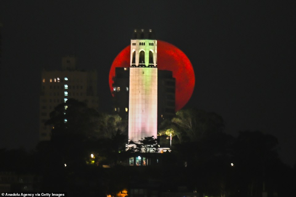 CALIFORNIA: Moon sets behind Coit Tower in San Francisco, California