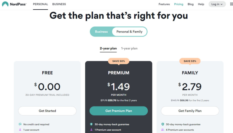 NordPass plan page with Personal option on display.