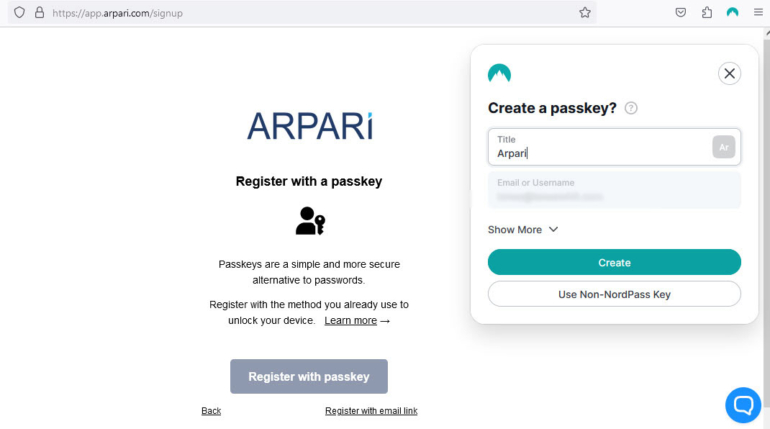 Arpari signup page with the NordPass passkey creation window activated.