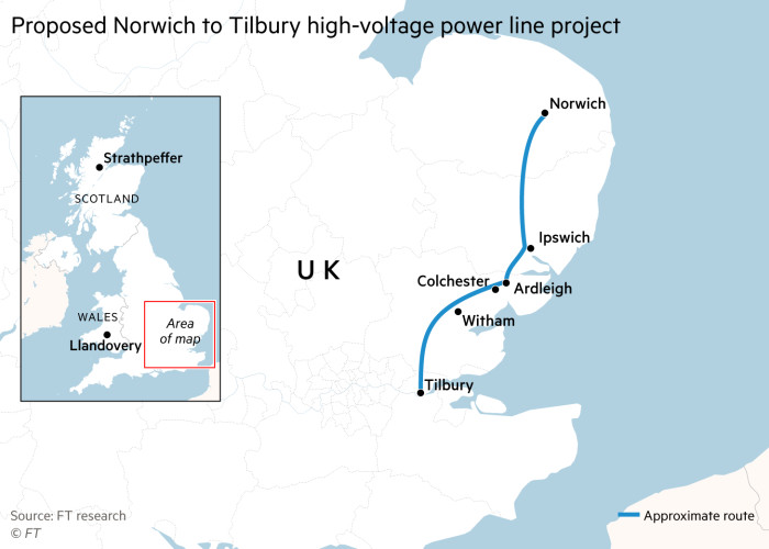 Map showing the approximate route of the proposed Norwich to Tilbury high-voltage power line project 