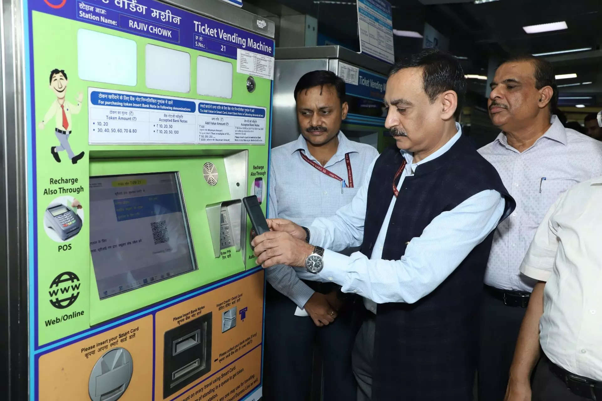 <p>DMRC MD Vikas Kumar after the launch of UPI payment option at its TVMs and ticket/customer care counters, at Rajiv Chowk metro station in New Delhi on Thursday.</p>