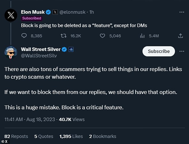 The current owner of X (formerly Twitter), billionaire Tesla chief Elon Musk, announced he intends to remove users' ability to 'block' other users across every aspect of the microblogging site, except for 'direct messages.' The statement caused a flurry of debate on the platform