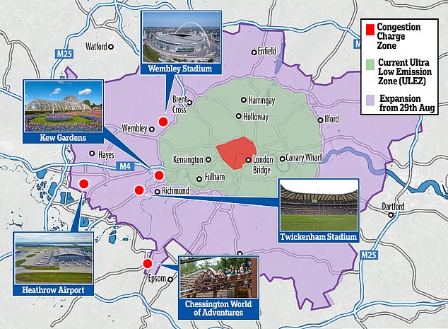 ULEZ net: The newly expanded ULEZ net encompasses Heathrow Airport and Kew Gardens