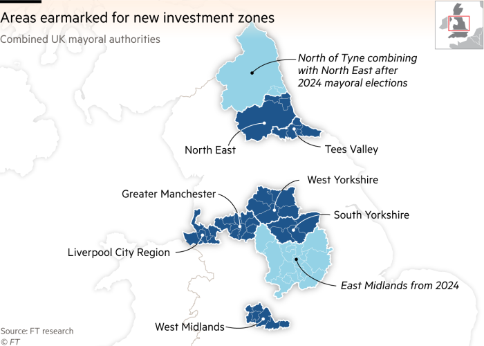 Map showing Combined UK mayoral authorities earmarked for new investment zones  