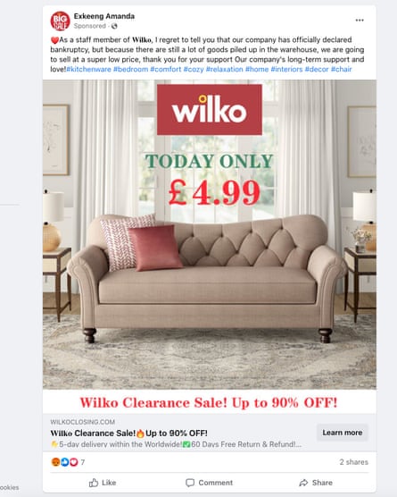 An ad purporting to offer a discounted Wilko sofa for £4.99.