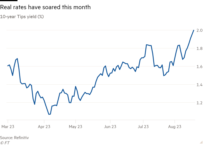 Line chart of 10-year Tips yield (%) showing Real rates have soared this month