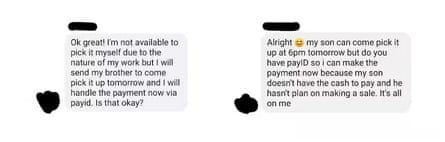 Examples of PayID scam messages received via Facebook Marketplace.