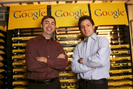 Larry Page (L), Co-Founder and President, Products, and Sergey Brin, Co-Founder and President, Technology, at Google's campus headquarters in Mountain View, Calif. Google, the popular Internet search engine company, filed with the Securities and Exchange Commission on April 29, 2004 to raise as much as $2.72 billion in its long-awaited stock market debut. They founded the company in 1998. (Photo by Kim Kulish/Corbis via Getty Images)