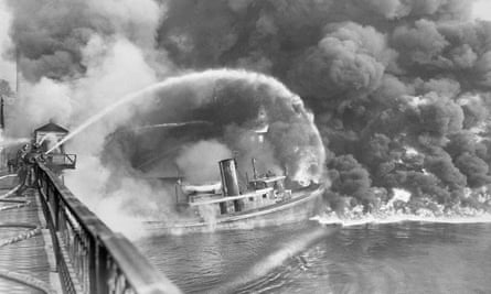 Ohio’s Cuyahoga River, pictured here in flames in November 1952, caught fire dozens of times before the US environmental standards improved.