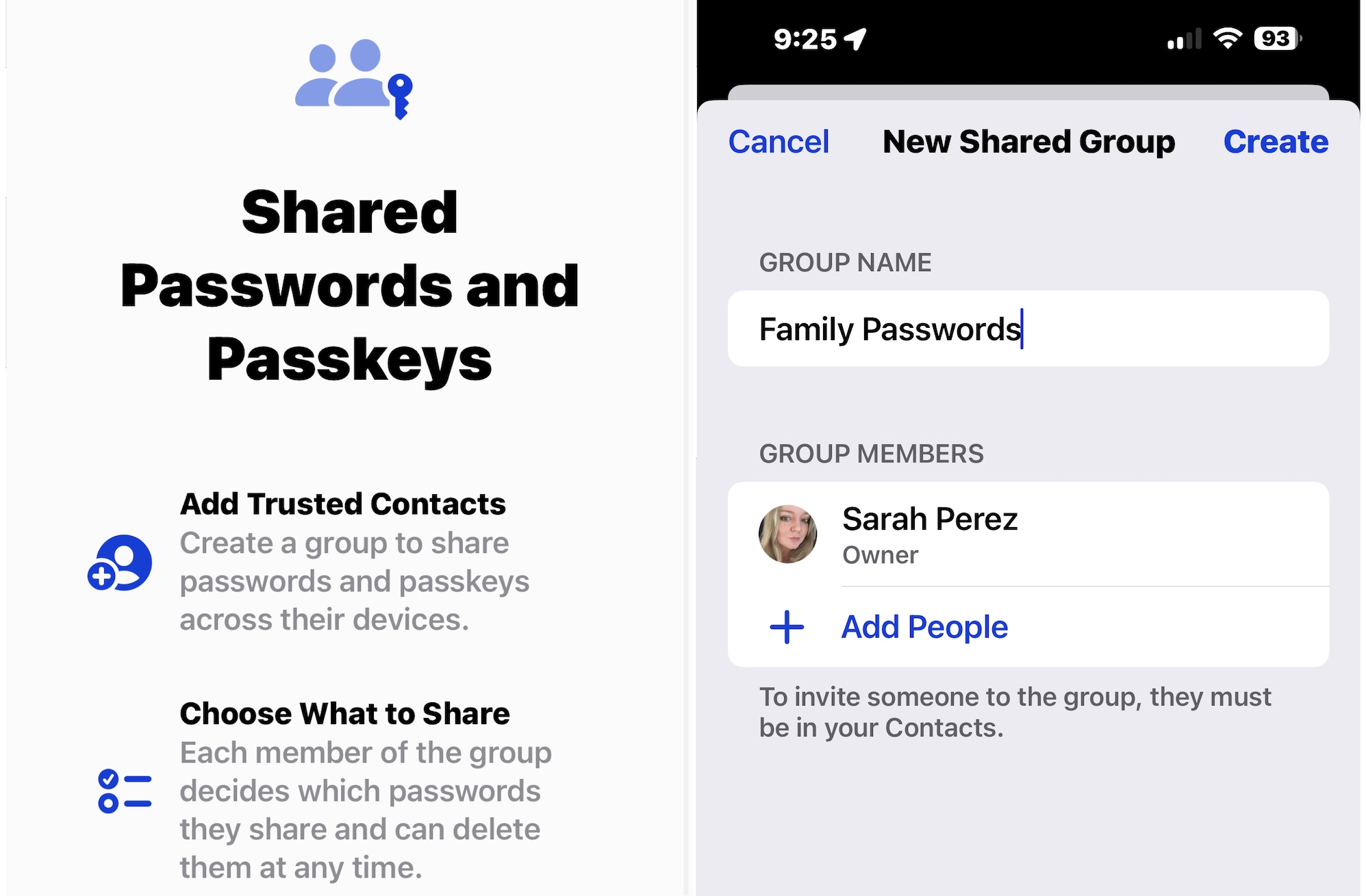 Two screenshots side by side showing shared passwords and passkeys, including the ability to set up shared credentials that are end-to-end encrypted