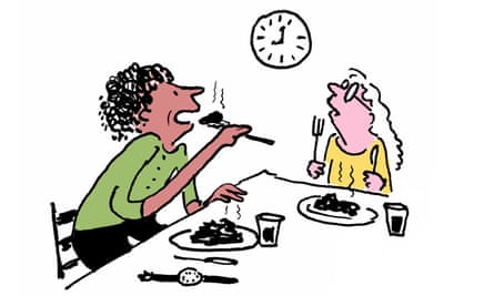 Illustration of two women sitting at a table eating, looking at a clock on the wall between them