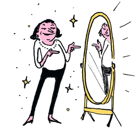 Illustration of a woman looking at herself admiringly in a mirror, with stars around her