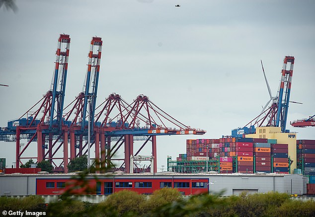 Slump: Shipping containers awaiting transit at Hamburg Port, Germany. Germany's federal statistics office said exports fell 0.9% in July as global demand continued to falter