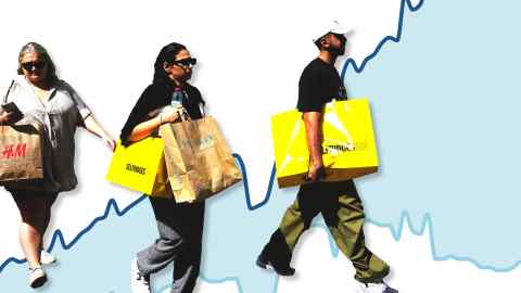 Montage of people with shopping bags set on a background of a graphic showing economic data