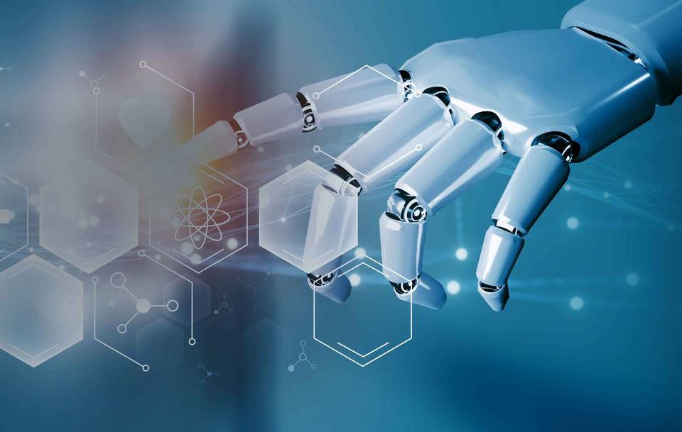 Illustration shows a shiny robot hand pointing at icons including a molecule, a heart and an atom.