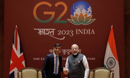 Rishi Sunak (left) during a meeting with the Indian prime minister, Narendra Modi, at the G20 summit in Delhi, India.