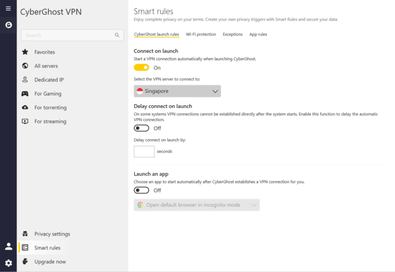 Smart Rules panel in CyberGhost VPN.