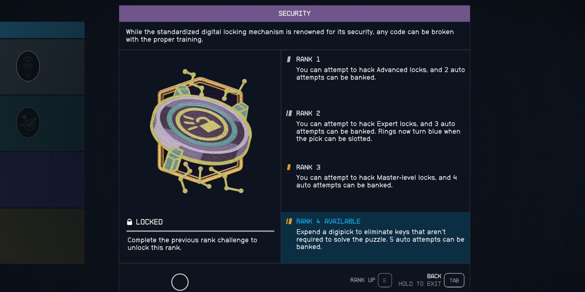 Starfield: the security skill and all 4 ranks are shown and described