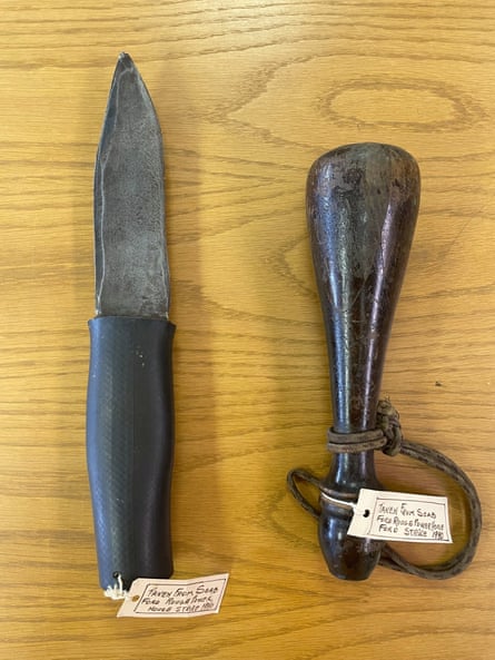 A homemade knife and blackjack taken from strikebreakers and strikers.