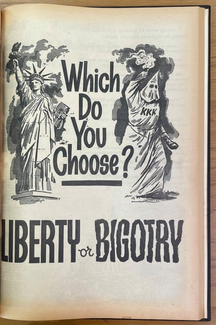 image shows statue of liberty and kkk member, with the slogan: which do you choose, liberty or bigotry