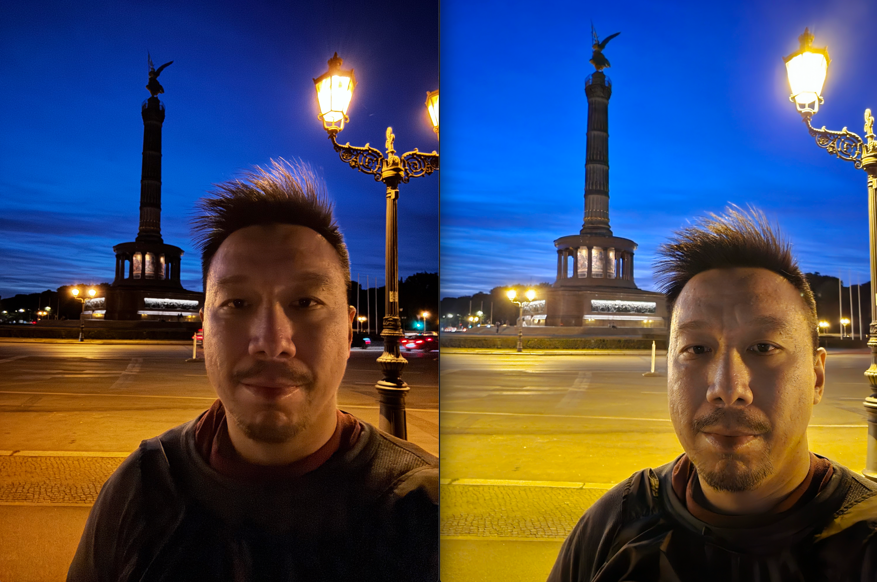 Selfie camera, iPhone 15 Pro Max (left); Galaxy S23 Ultra (right)