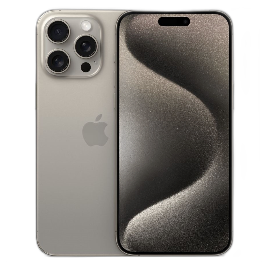 An iPhone 15 Pro Max in Natural Titanium colorway