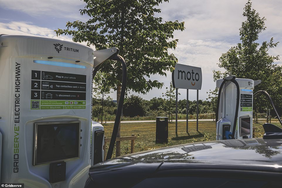 Electric car drivers were least impressed with the nation's motorway services and their facilities. Many will want to see more ultra-rapid charging devices, such as these Gridserve chargers at Moto Rugby