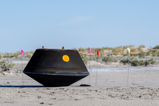 Mandatory Credit: Photo by Keegan Barber/UPI/Shutterstock (14124113t) The sample return capsule from NASA's OSIRIS-REx mission is seen shortly after touching down in the desert, on Sunday, September 24, 2023, at the Department of Defense's Utah Test and Training Range. The sample was collected from the asteroid Bennu in October 2020 by NASA's OSIRIS-REx spacecraft. NASA NASA's OSIRIS-REx Capsule Secured Following Return to Earth, Dugway, Utah, United States - 24 Sep 2023