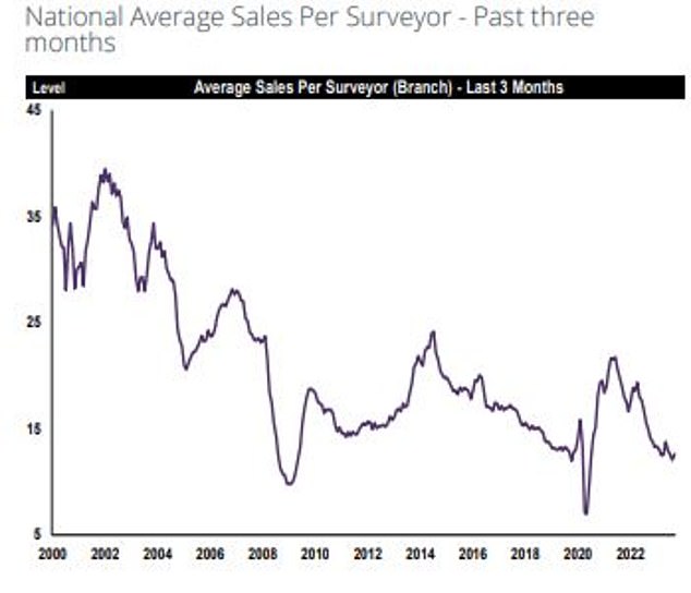 Down: Each estate agent branch was making fewer than 15 sales in the past three months on average, according to the Rics survey