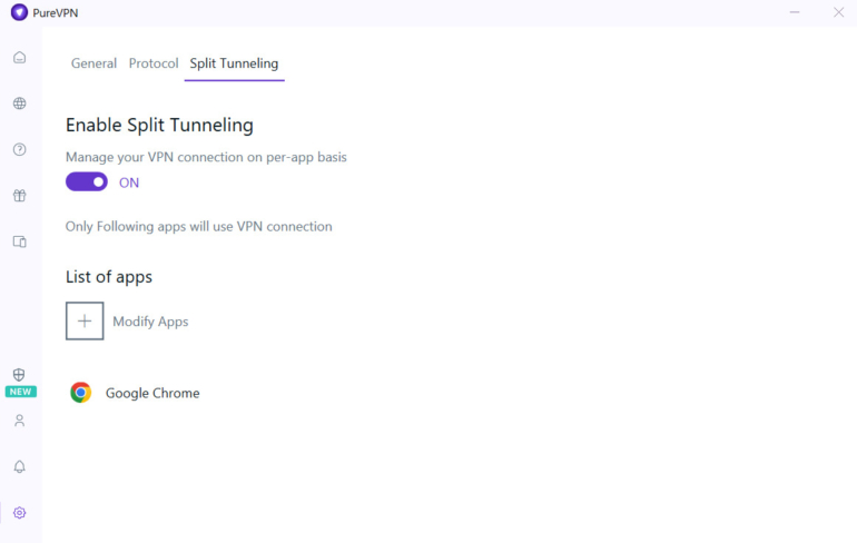 Split tunneling in PureVPN.