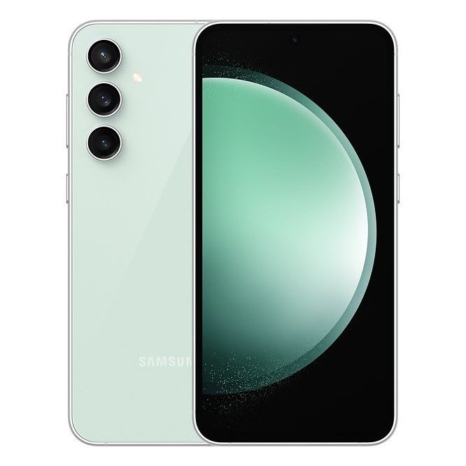 Front and back of the Samsung Galaxy S23 FE in Mint Green 